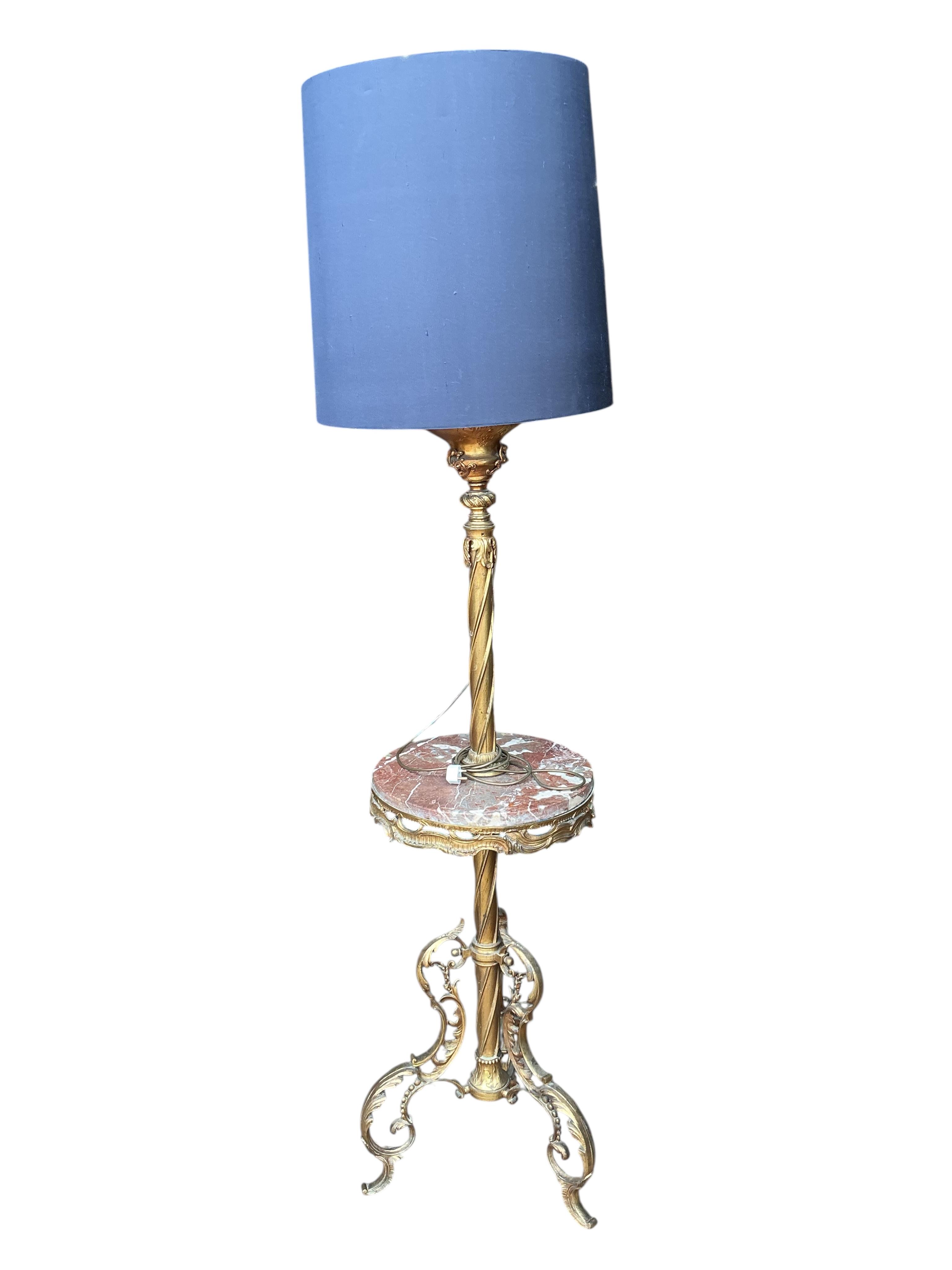 A Victorian gilt metal and rouge marble oil telescopic standard lamp, converted to electricity